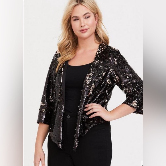 Torrid Black/Rose Gold Two-Tone Sequin Drape Jacket Size 3/4 - Picture 2 of 14
